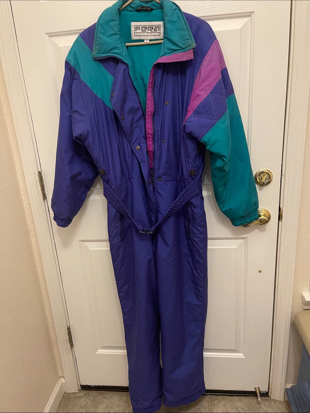 Fera Ski ware in Burgundy, teal & purple is a great adult One-Piece Snow Suit.